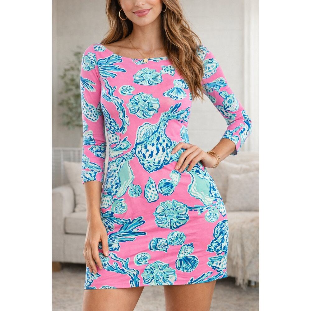 Lilly Pulitzer Pink Seashell Coral Print Sheath Beachcore Vacation Dress Resort
